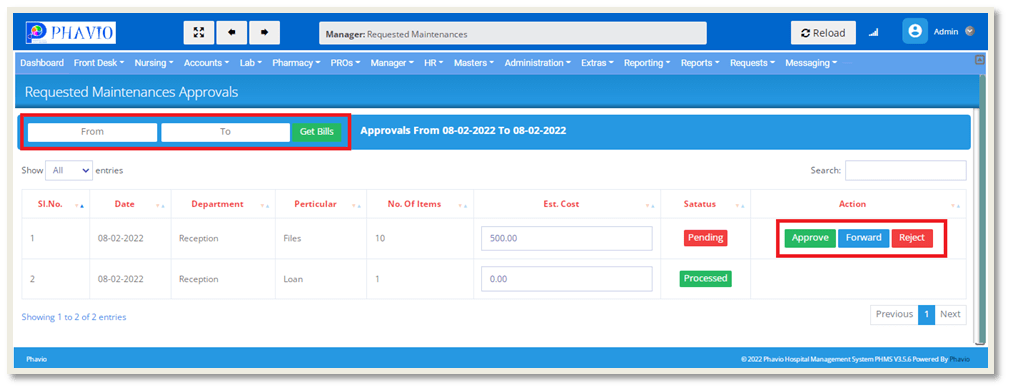 Requested Maintenance Approvals
