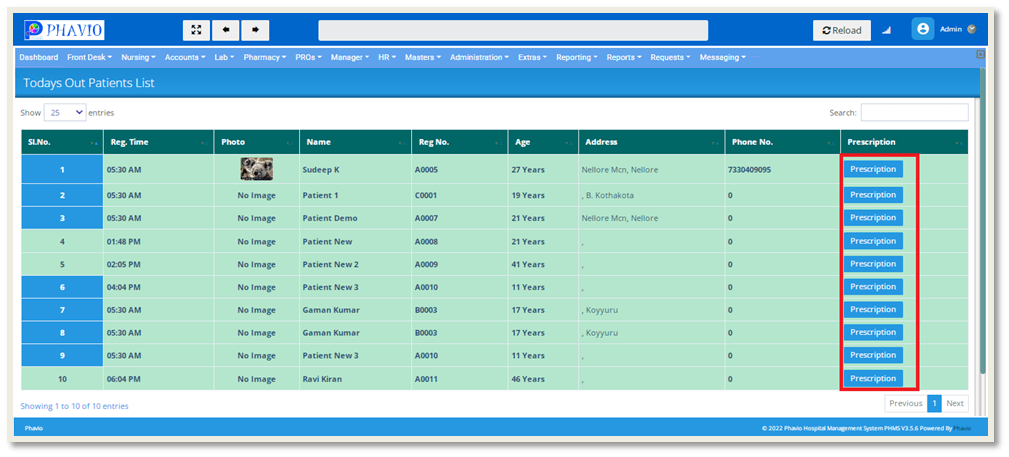 Today Out Patients List