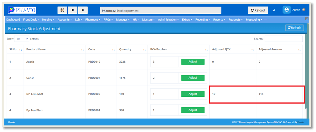 Pharmacy Stock Adjustment